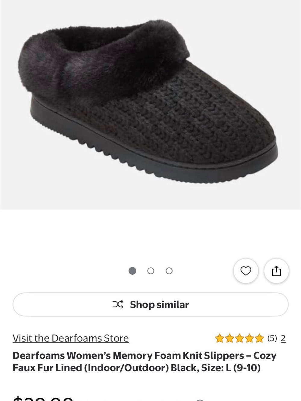 dearfoams Black Faux Fur Knit Memory Foam Slip-On Slippers